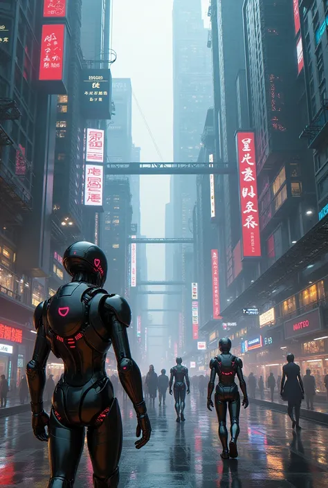 Digital city futuristic robots in the street cyberpunk stetic