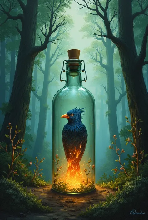 book cover page on a bird who is exploring the forest then she see a bottle go towards the bottle she stuck in the bottle she struggled and struggled but she never lost hope and trying at least she escape the bottle and give us a massage og hoe and resilie...