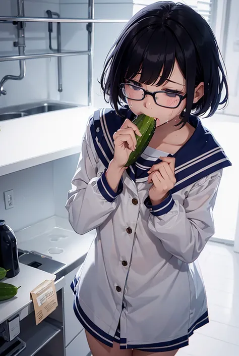 NSFW、A girl in a sailor uniform is soaked with milk and eats a big cucumber while crying、Short hair、Glasses