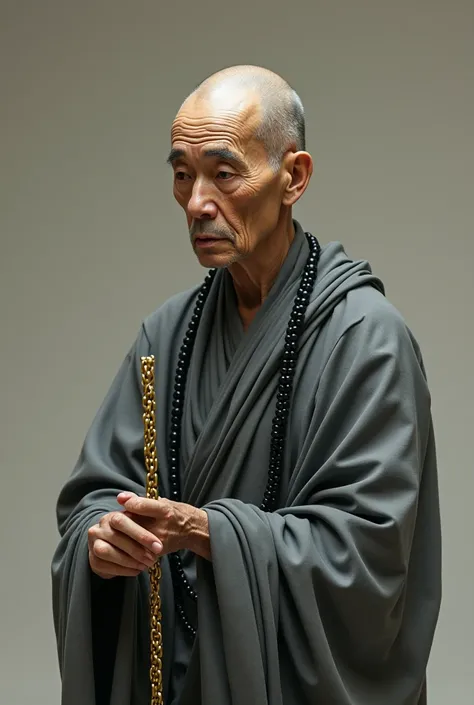 An old monk，Baldhead，Wearing grey robes，A string of black Buddhist beads hangs around her neck，Holding a long golden chain in his hand，Thinking。