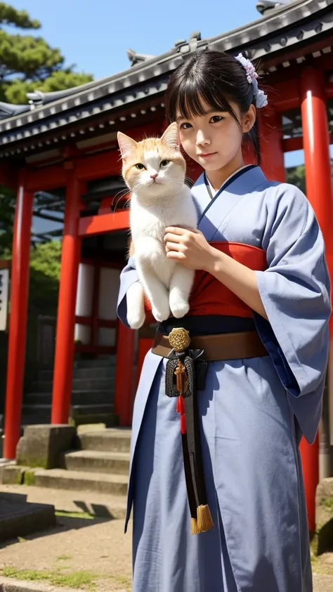 A cute cat wearing Japanese armor is holding a Japanese sword in front of a shrine。