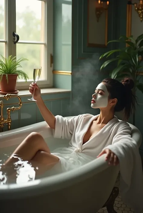 A cinematic, ultra-realistic scene of a white Instagram model, dark hair tied up, soaking in a tub wearing a face mask, holding a glass of champagne.