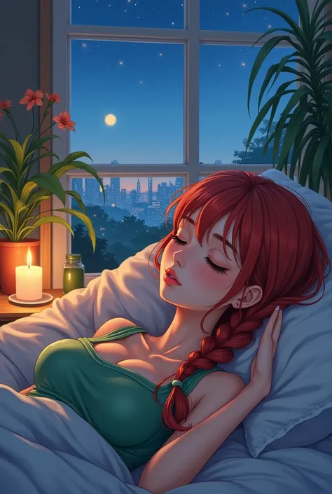 An anime drawing of a beautiful, stunning and sexy woman with reddish braided hair. colorful lighting, beautifully detailed eyes, closed eyes, long eyelashes, beautifully detailed lips, brown hair, sleeping girl, closed voice. dreamy atmosphere, soft pillo...