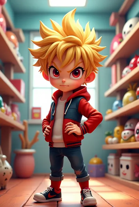  3D cartoon style A boy Ktsuki bakugou was standing in his heroes shop. k rubio, straight hair and red eyes, naughty expression
