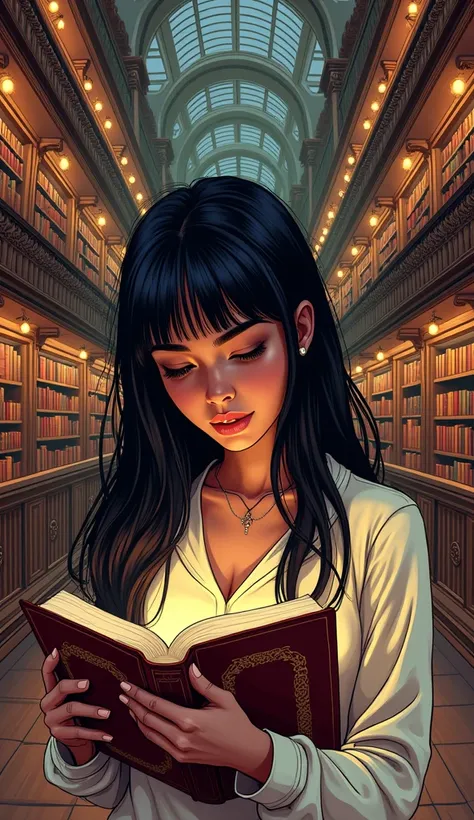 Stylish illustration of a young woman, dark-skinned, mixed latin race, long straight hair with bangs, brunette, american comics style, black eyes, casual clothes, reading a book in front of a library shelf. Scenario: infinite library, with lots of book-she...