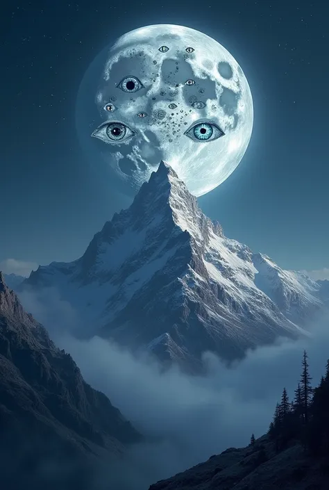 Create an image of a full moon adorned with eyes rising above a mountain peak at night, representing absolute vigilance.