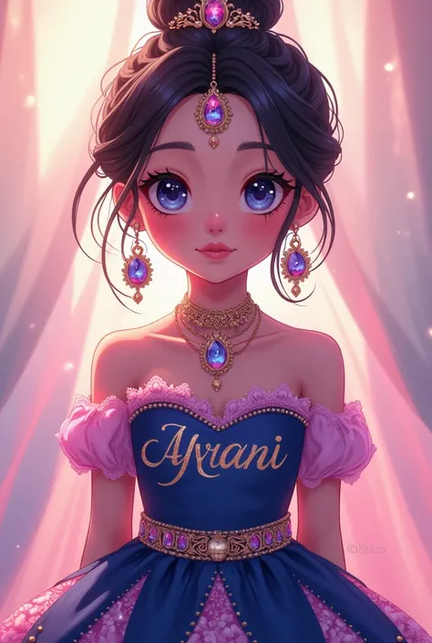 A anime princess age 15 loooking marvlous . Wearing lehenga dress. On her lehenga Awani is written in stylish letters
. Her lehenga is dark blue pink colour 