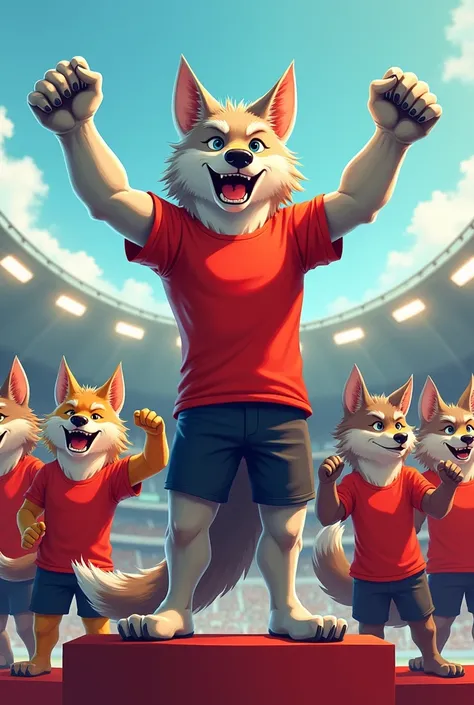 A wolf in a red t-shirt winning Olympics with friends