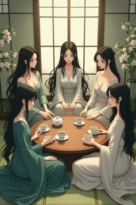 5 woman, green eyes and black hair, elegant sitting and drinking tea. 