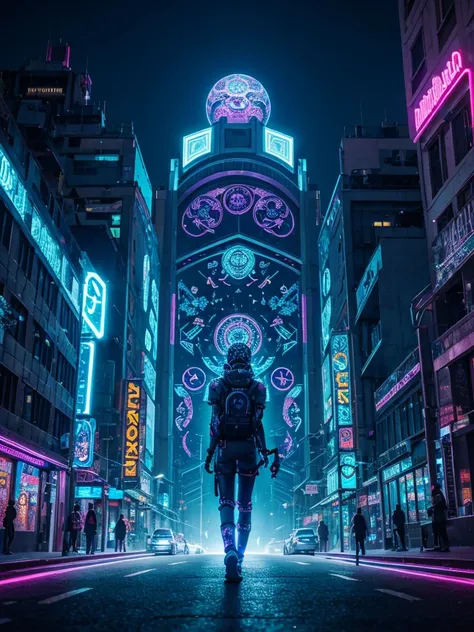 A futuristic, neon-lit cityscape backdrop with a transparent crystal skull at its center, intricately carved with a blend of ancient Aztec and Teotihuacan motifs, such as serpents, eagles, and suns, in a stylized, high-tech fusion of traditional and cyberp...