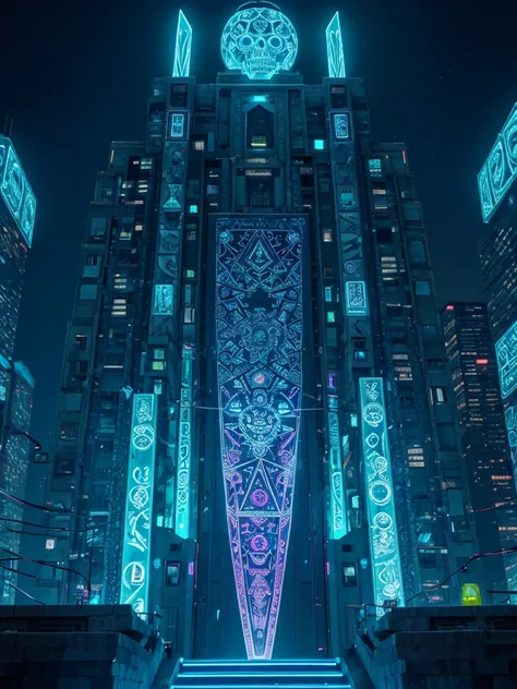 A futuristic, neon-lit cityscape backdrop with a transparent crystal skull at its center, intricately carved with a blend of ancient Aztec and Teotihuacan motifs, such as serpents, eagles, and suns, in a stylized, high-tech fusion of traditional and cyberp...