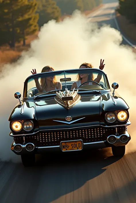 full length photograph taken from behind a 1959 Cadillac Eldorado Biarritz convertible hot rod, image behind, star wheel, the rear wheel is spinning and smoking, WIDE WHEEL, metallic black color, ILLUMINATED HEADLIGHTS, dark windows, details in gold, gold ...