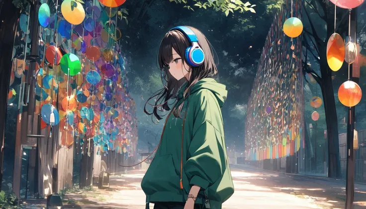 In the grounds of Kawagoe Hikawa Shrine、A dark-haired girl wearing blue headphones and a green hoodie is walking alone。Listening to music with headphones、Japanese、In the surrounding area、Colorful round glass wind chimes lined up、The gentle breeze is blowin...