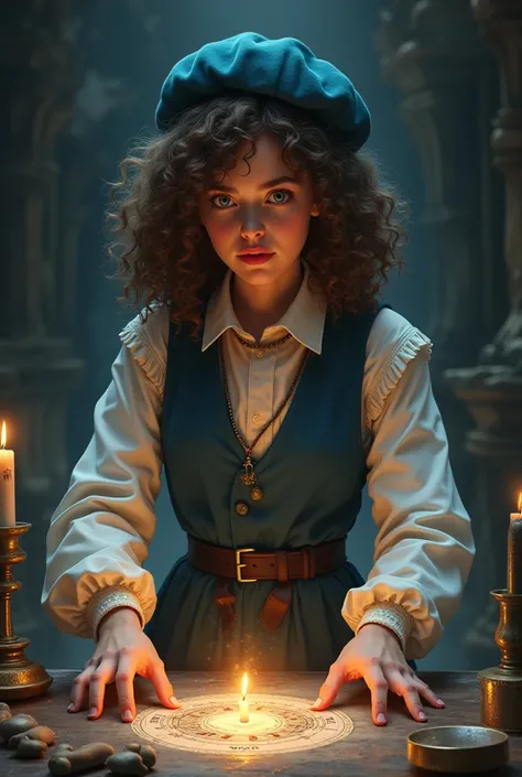 A curly-haired teenager with a beret on her head, wearing a long-sleeved blouse and blue vest performing a ritual 