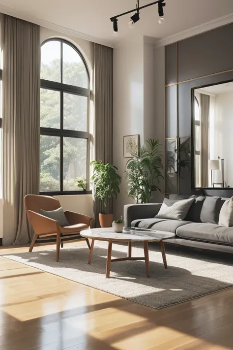 Wide々A spacious living room, Large window overlooking the garden, White wall, Wall-mounted TV, shelf, Potted plants, Vibrant natural light, Modern and elegant interior, Comfortable sofa, Round marble table, Minimalist decor, Cozy atmosphere, Calm and peace...