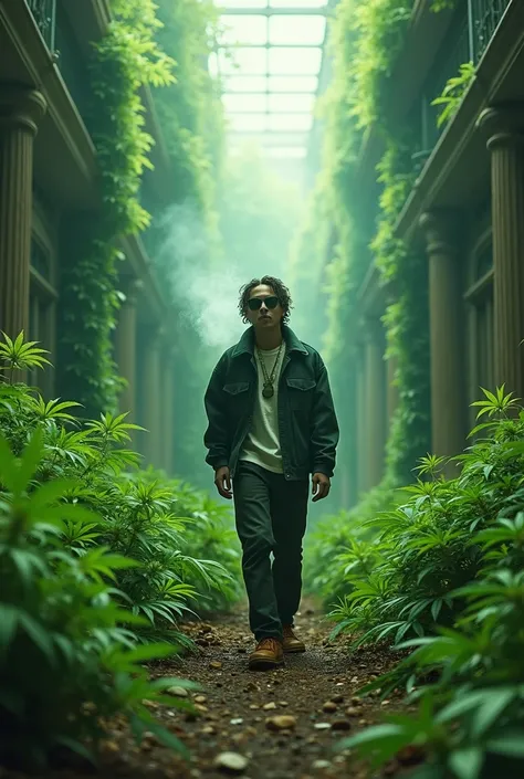 A post-apocalyptic scenario taken over by marijuana leaves, where a young trapstar walks calmly while smoking marijuana Beautiful scenery, with plenty of color and lighting 