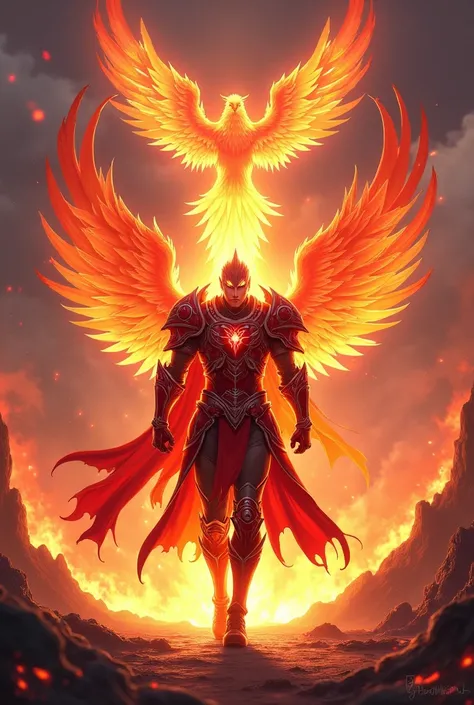 Generic Phoenix Knight, 1 man, aries knight, Anime Knights of the Zodiac, Anime Saint Seiya, imagem fantasia, Phoenix knight walking engulfed in flames, volcano background with a phoenix above it highly detailed