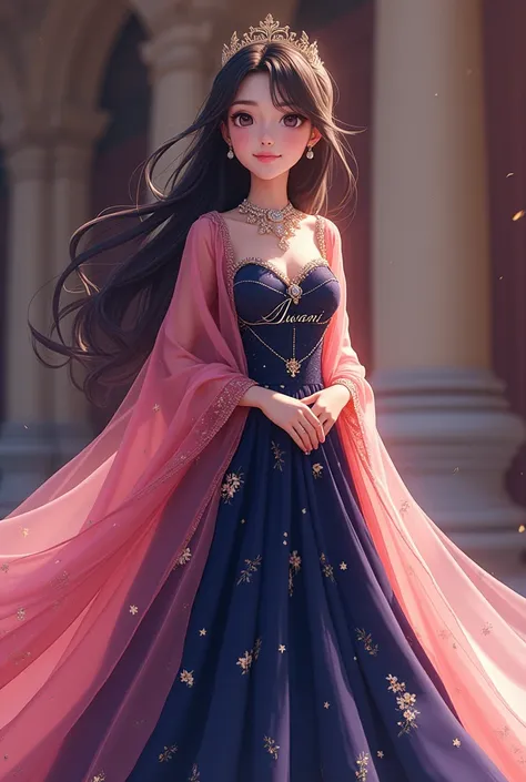 A anime queen age 15 loooking marvlous . Wearing lehenga dress. On her lehenga Awani is writeen  in stylish letters
. Her lehenga is dark blue pink colour 