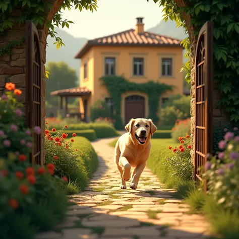 In a small villa, show a golden labrador running through the garden towards the viewer standing at the gate.