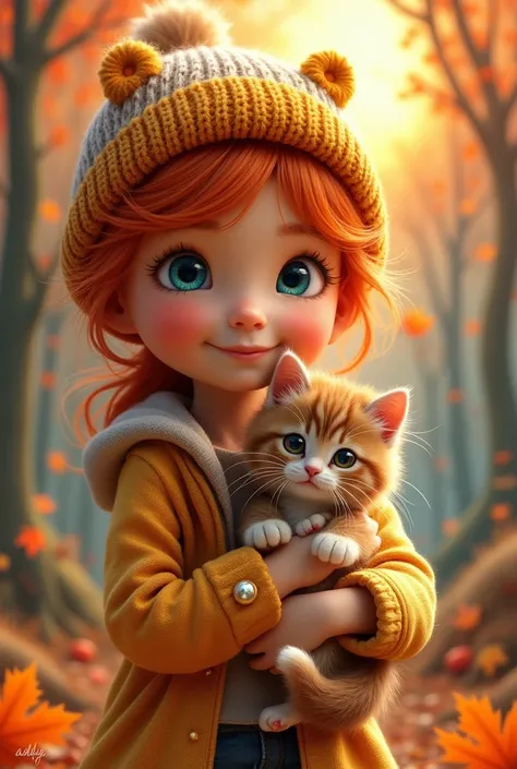 A 3D photo of a young girl with ginger hair holding a cute kitten in her arms. Both the girl and the kitten are wearing adorable autumn-themed clothing. The girl has a smile on her face and big blue eyes. The background is a vibrant, colorful autumn forest...