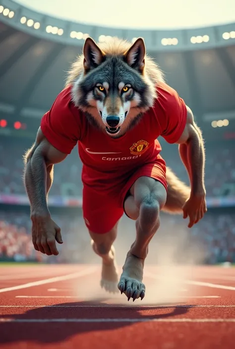 A cool wolf wearing a red t-shirt and winning Olympics