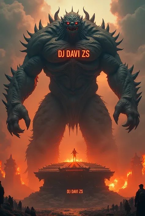 Make a huge scary monster with DJ Davi Zs written on the chest, with the background of a fiery apocalypse and behind a huge offering with the name DJ Davi Zs written on top, make DJ Davi Zs huge and more flashy 