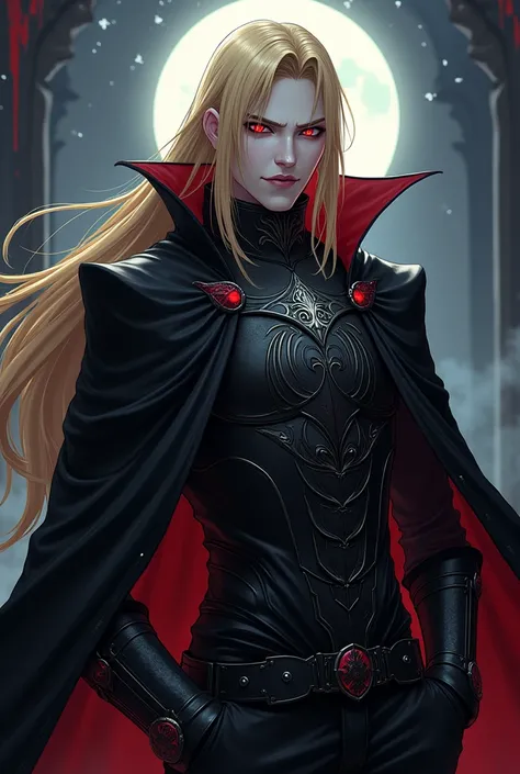 the anime style vampire man, has a striking and intimidating appearance. His skin is pale as snow, contrasting sharply with her scarlet eyes, that shine with a fierce intensity, capable of intimidating anyone who crosses their path. Her blonde hair is long...