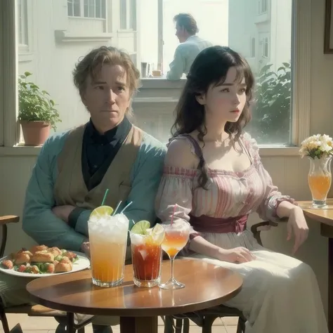 there are two people sitting at a table with food and drinks, still from a movie, still from the movie, screenshot from a movie, still from a live action movie, scene from a movie, very realistic film still, scene from live action movie, still from lestate...