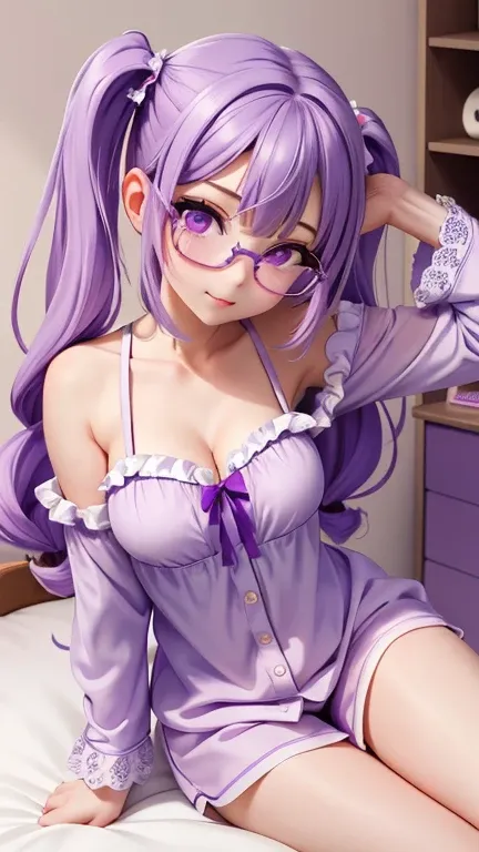 1 Girl, Beautiful, Baby Face, White Skin, Big Breasts, Purple Thin Loose Pajamas, Skinny, Posing For Photos in Bedroom, Gurly Bedroom, Purple Hair, Purple Twintails, Purple Eyes, Glasses, ((adorable:1.1)) , ((masterpiece: 1.1)), Funny Sleepy Face