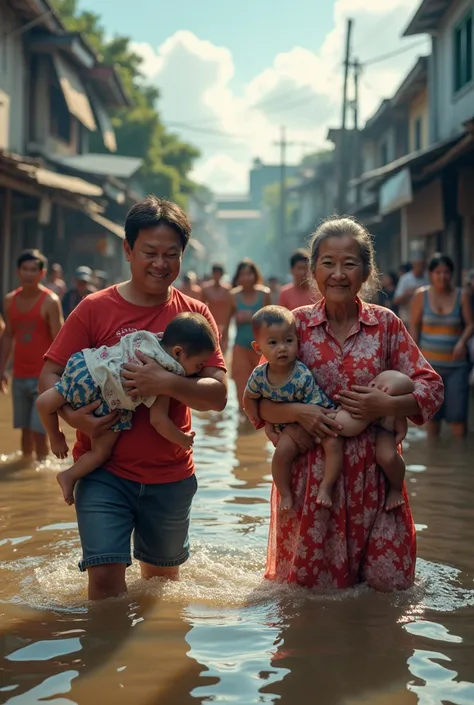 Thai people help each other during floods.