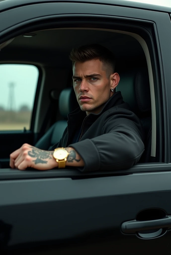 A young and handsome hitman in a black GMC Yukon pickup truck , gold watch, the tattoo
