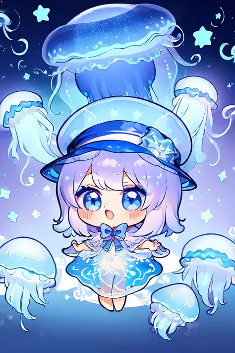 (((jellyfish))), (jellyfishのmagician), chibi, light blue, magician, gradient cloak, star and wave patterned top hat, a transpare...