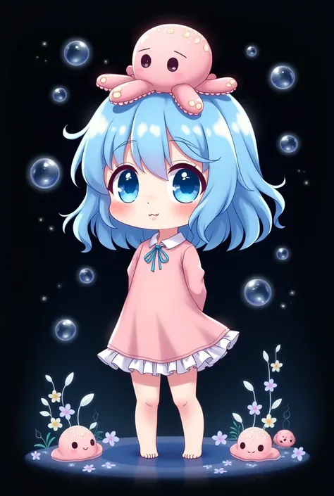 cute anime kawaii chibi girl with blue eyes blue hair with octopus on head with hands behind back black background and bubbles