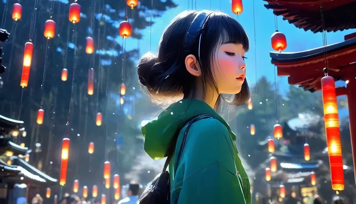 In the grounds of Kawagoe Hikawa Shrine、A black-haired girl with blue headphones and a green hoodie is walking。In the surrounding area、A large number of colorful round glass wind chimes lined up、The gentle breeze is blowing and making beautiful sounds。The ...