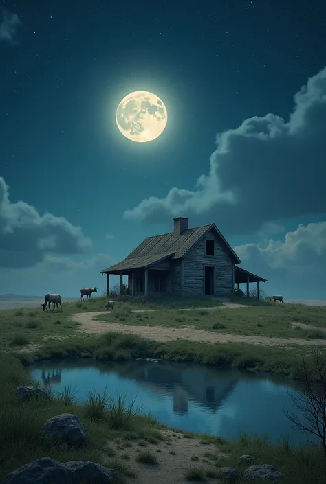 Make a alone old type house, and animals is eat grass, and near a small lake, in side of  sandy area, and night moon is lightning, dark night view