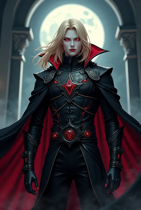 the anime style vampire man, has a striking and intimidating appearance. His skin is pale as snow, contrasting sharply with her scarlet eyes, that shine with a fierce intensity, capable of intimidating anyone who crosses their path. Her blonde hair is long...