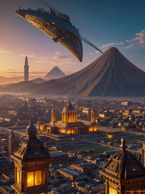 Envision a futuristic cityscape that combines the ancient mystique of Teotihuacán with the industrial grandeur of steampunk, where pyramids and ziggurats pierce the sky like shards of splintered moonlight, their stone facades adorned with copper filigree, ...