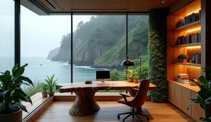 A modern home office with a breathtaking floor-to-ceiling window revealing a dramatic cliffside covered with dense greenery and an expansive ocean view. The interior includes a rustic, thick wooden desk with a live edge finish, a comfortable ergonomic leat...