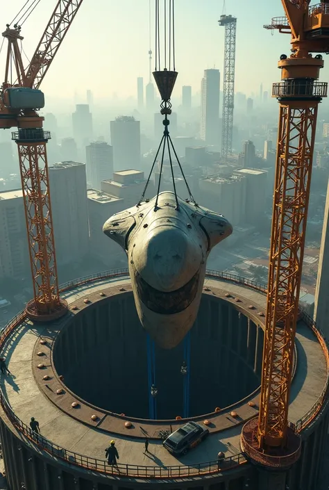 A crane on the left and a tower crane on the right, hoisting an alien ship into a round shaft in construction, in the background some buildings and a construction site
