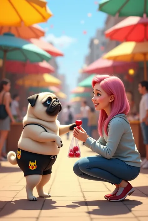  Stond little wolf in name ranga . Eyes - blue , hair  - pink , red colour off  pant , body is white colour,   4k quality . 
A playful scene depicting a cartoonish wearing Pikachu black colour shorts, holding a clear bag filled with apples .The pug is stan...