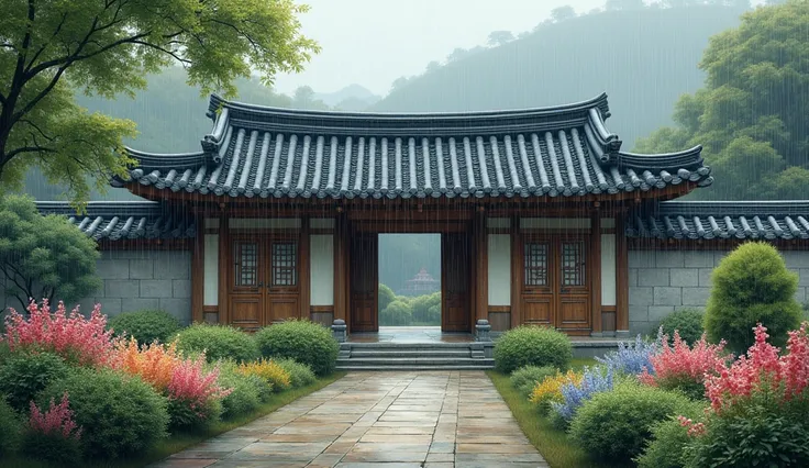 In the midst of a gentle afternoon rain, a hanok building stands amidst a lush flower garden. The traditional Korean architecture exudes tranquility and elegance as droplets cascade down the tiled roof. In this exquisite painting, vibrant blossoms add a po...