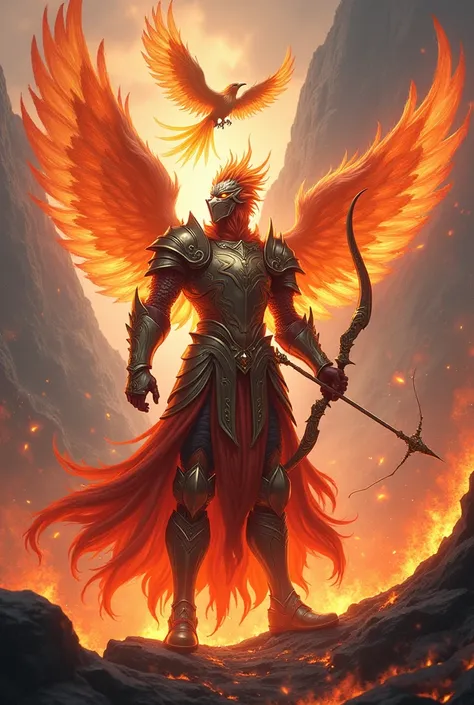 Generic Phoenix Knight with bow and arrow, 1 man, phoenix knight, Anime Knights of the Zodiac, imagem fantasia, Phoenix knight walking engulfed in flames, volcano background with a phoenix above it highly detailed