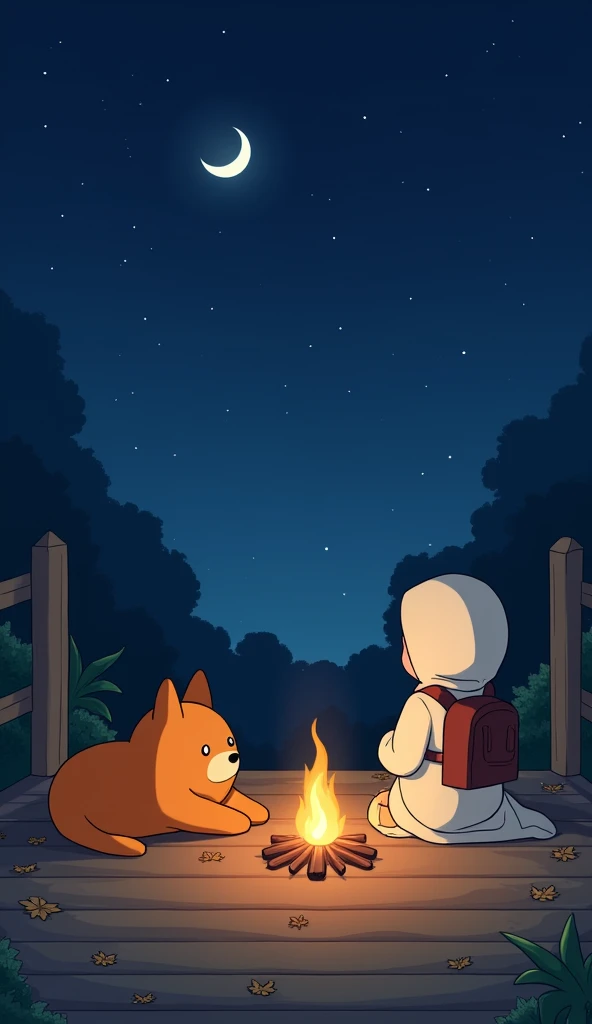 “A nighttime scene with a crescent moon and starry sky above, as two characters rest by a small fire. One is a round, orange dog lying on the floor, while the other is a human figure with a white hood and a backpack, sitting back and looking up. The enviro...