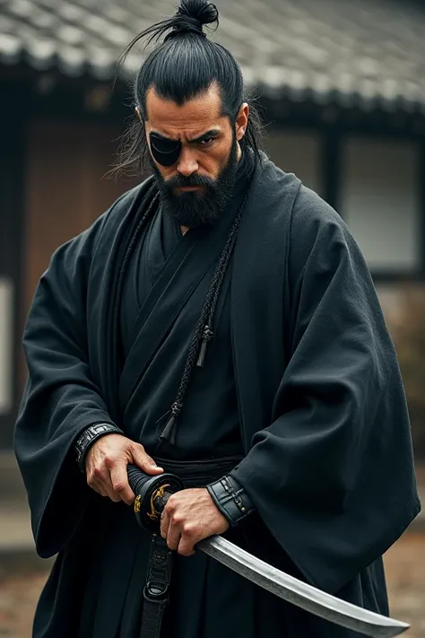 Equipped with a black Japanese sword、Wearing a black kimono and a cloak、Bearded handsome man、Draw your sword、Iai、Intimidation、Wearing an eye patch、Hold the sword with one hand、I&#39;m in a Japanese-style place、Photograph the entire sword、Black hair tied up...