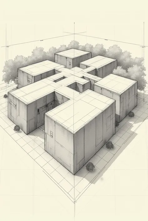 create me a blueprint sketch of a garden with 5 polygons