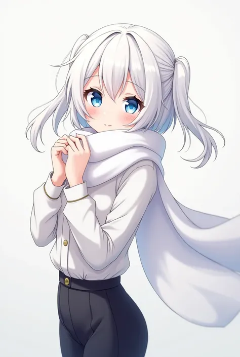 Anime girl white hair blue eyes long scarf white hair short pigtails small boobs white hate black pants white shirt