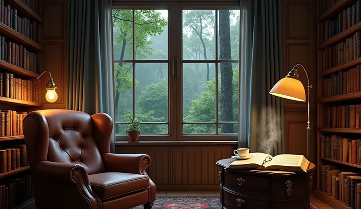 A rustic reading room with a large window presenting a serene view of a dense, rain-soaked forest. The interior is warm and inviting, featuring a plush leather armchair, a wooden side table with an open book, a cup of hot tea emitting steam, and a pair of ...