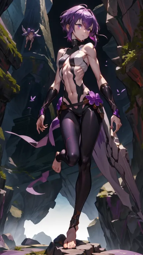 Purple short hair girl，Chest，black tights，Bare arms，slim figure，Thin legs，barefoot，Flying mark，assassin，Standing，cliff wall