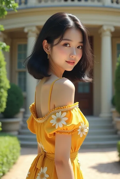 Sexy Korean girl, medium hair, yellow dress with white flower print, short with rounded sleeves, Front of mansion, perfect face, masterpiece, sweet pose