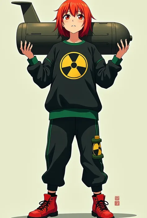 A red-haired Masomenos woman wearing a black sweatshirt with green trim and a radiation symbol in the middle,a pair of black pants with green details and a pair of red shoes with black details looking up bored holding an atomic bomb anime 